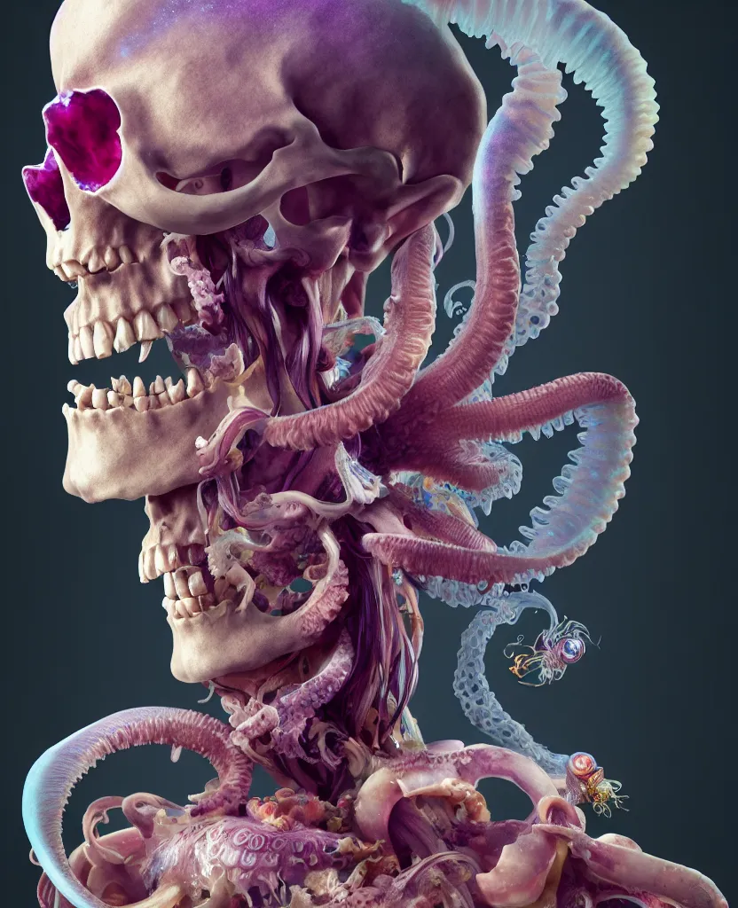 Image similar to goddess close - up portrait human skeleton, ram skull, squid phoenix jellyfish, orchid, betta fish, bioluminiscent, intricate artwork by tooth wu and wlop and beeple. octane render, trending on artstation, greg rutkowski very coherent symmetrical artwork. cinematic, hyper realism, high detail, octane render, 8 k