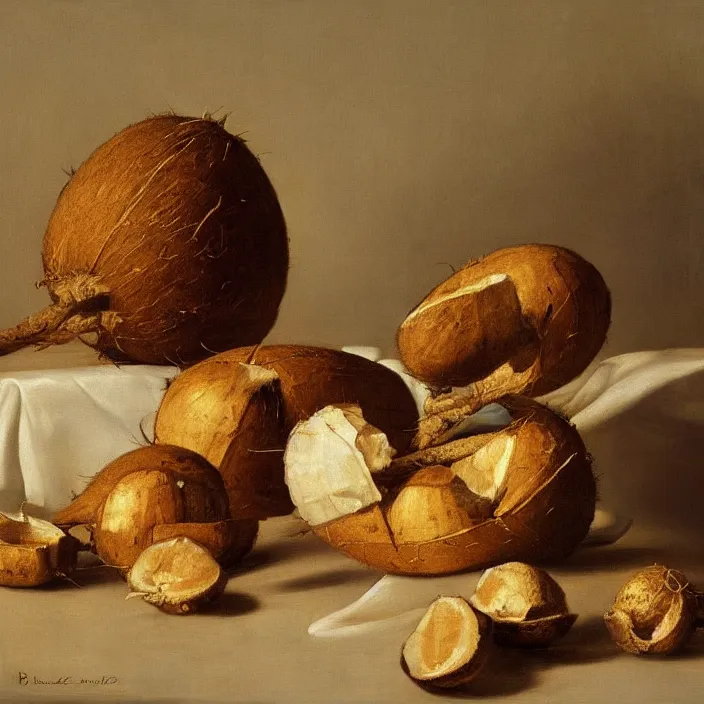 Image similar to still life painting of halved coconuts by pieter claesz, oil on canvas, strong lighting, highly detailed, hyper realism, golden hour, god rays, hd, 4 k