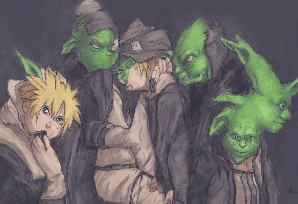 Prompt: high resolution concept art of naruto and yoda kissing in paris