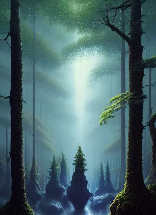 Prompt: a hyper - detailed 3 d render of a forest with a canopy of stars, surrealism!!!!! surreal concept art, lifelike, photorealistic, digital painting, aesthetic, smooth, sharp focus, artstation hd, by greg rutkowski, bruce pennington, valentina remenar and asher duran,