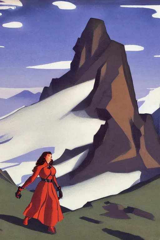 Prompt: black widow ( natasha romanova ) on mountains, marvel, artwork by nicholas roerich,