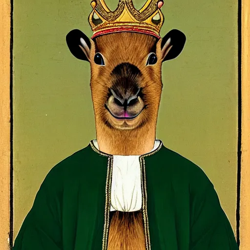 Image similar to a capybara in a crown dress on his head, wearing a long green silk balenciaga, portrait, 1 4 th century style, realistic,