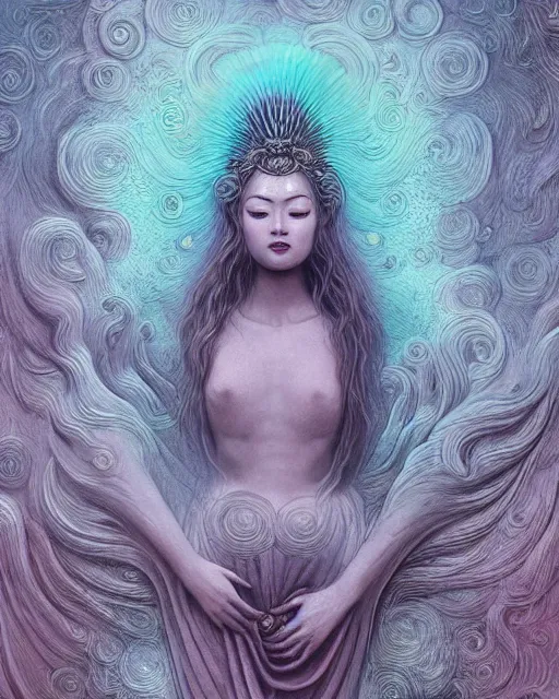 Prompt: a award winning illustration of a goddess formed by chinese flowing clouds by james jean, coated in nebula in the style of zdzisław beksinski / h. r. giger trending on artstation deviantart pinterest hyper detailed photorealistic highlights and shadow hd 8 k post - processing high resolution