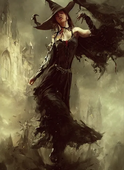 Prompt: A witch , epic scene, painting by Raymond Swanland