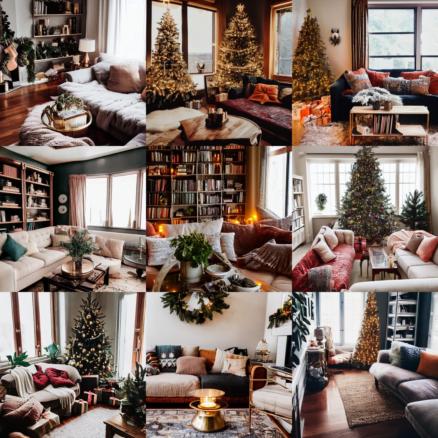 Prompt: insanely detailed wide angle photograph, low light, candles, christmas, atmospheric, award winning interior design living room, dusk, cozy and calm, fabrics and textiles, colorful accents, brass, copper, secluded, hardwood floors, book shelf, couch, desk, balcony door, plants