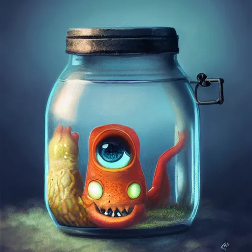 Image similar to cute monster in a jar by Greg Rutkowski, product photography, centered, studio lightning