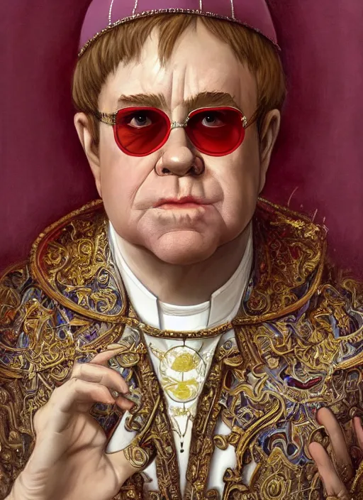 Image similar to Elton John as the pope, headshot, painted renaissance character portrait, highly detailed, painting, artstation, sharp focus, art by artgerm and greg rutkowski and alphonse mucha and magali villeneuve