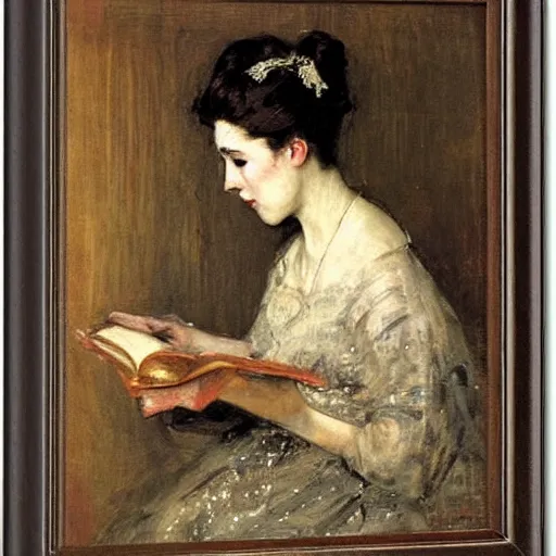 Image similar to woman reading, tentacles coming out of the book by alfred stevens