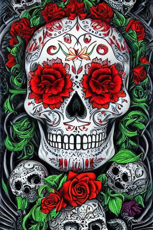 Prompt: illustration of a sugar skull day of the dead girl, art by dan seagrave