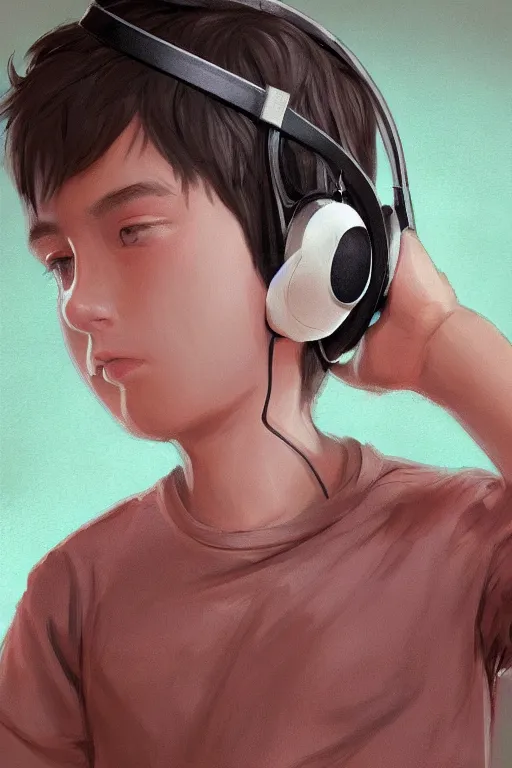 Image similar to a boy with headphones in a cafe, digital art, digital painting, masterpiece, concept art, trending on deviantart, highly detailed, high quality, anatomically correct, five fingers, cinematic, high coherence, soft lighting, soft colors, beautiful, elegant, short black hair, 4 k, symmetrical, realistic and detailed face, cartoon