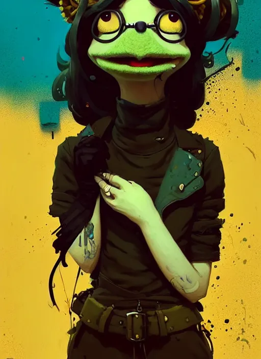 Image similar to highly detailed portrait of a moody sewerpunk young adult muppet lady by atey ghailan, by greg rutkowski, by greg, tocchini, by james gilleard, by joe fenton, by kaethe butcher, gradient yellow, black, brown and cyan color scheme, grunge aesthetic!!! ( ( graffiti tag city background ) )