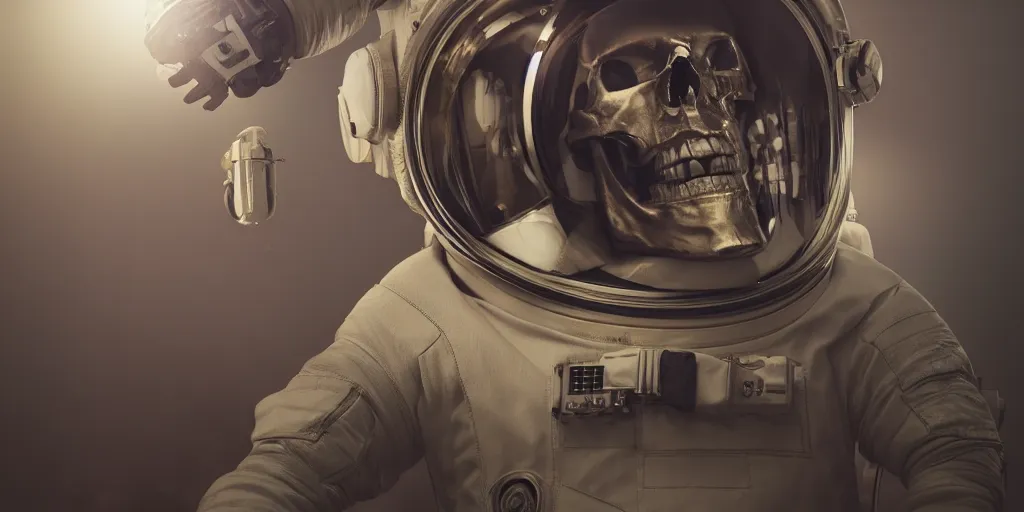 Image similar to realistic skull in astronaut suit with gold linens, cinematic lighting, dramatic, octane render, long lens, shallow depth of field, bokeh, anamorphic lens flare, 8k, hyper detailed