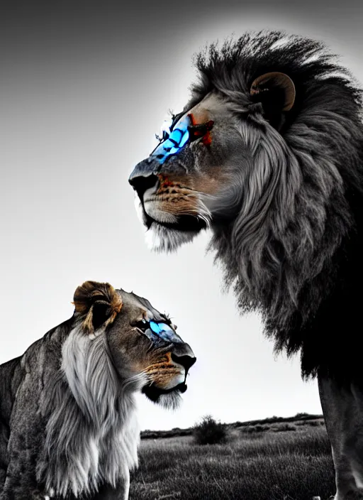 Image similar to lion and lioness black and white portrait white sky in background