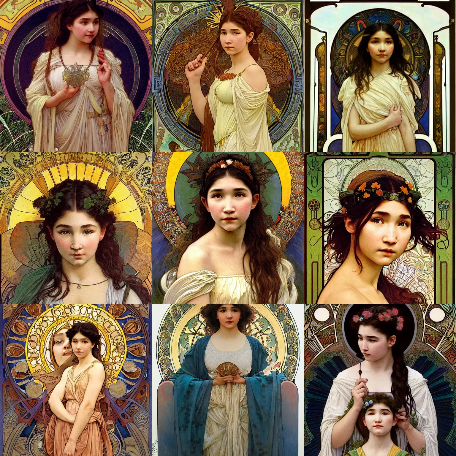 Prompt: detailed portrait art nouveau painting of Rowan Blanchard as the goddess of the sun, with anxious, piercing eyes, by Alphonse Mucha, Michael Whelan, William Adolphe Bouguereau, John Williams Waterhouse, and Donato Giancola