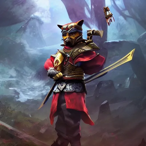 Image similar to shiba inu samurai warrior as a league of legends character, michael maurino, alex flores, paul kwon, cinematic, highly detailed, concept art, 3 d cgi, dramatic lighting, focus, smooth, heroic, hyper realistic background, in the style of league of legends, lol