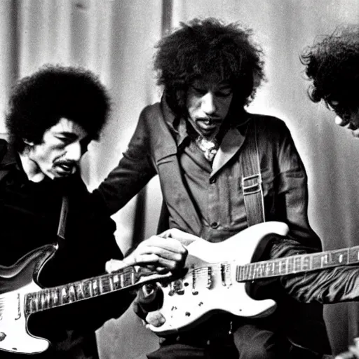 Image similar to bob dylan playing with jimi hendrix, photograph