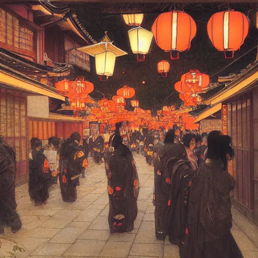 Image similar to a beautiful painting of the lantern festival in old kyoto, by james gurney, donato giancola, and john williams waterhouse