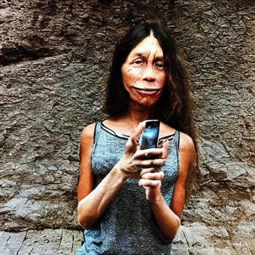 Image similar to “ a primitive pre human woman Neanderthal posing for a photo with an iPhone in a trending fashion way, anthropology photography, National Geographic ”