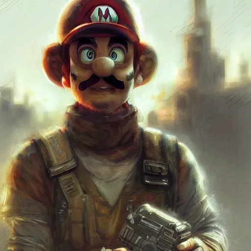 Image similar to post apocalyptic nintendo super mario bros, realistic portrait, masterpiece painting by greg rutkowski wlop and ross tran, highly detailed sharp focus