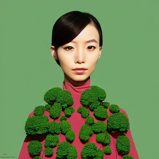 Image similar to the portrait of an unbelievably beautiful, elegant, and sophicated young japanese woman partially made of broccoli, an ultrafine detailed illustration by james jean, intricate linework, bright colors, final fantasy, behance contest winner, vanitas, angular, altermodern, unreal engine 5 highly rendered, global illumination, radiant light, detailed and intricate environment