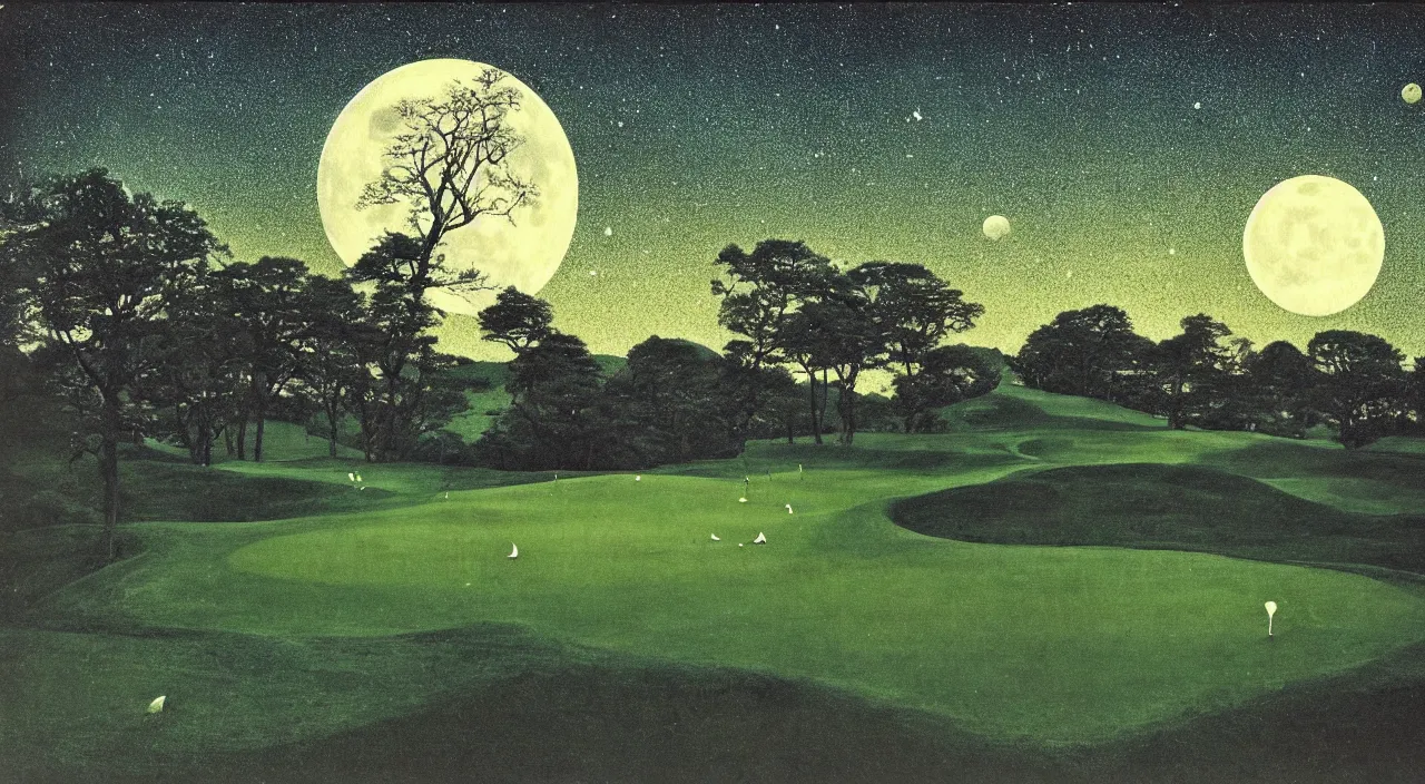 Prompt: eerie moonlight, stone walls, birds eye view of a perfect infinite elysian dreamlike green hilly pastoral astral psychedelic golf course landscape with cherished trees, stone walls under cosmic stars, cherished trees, memory trapped in eternal time, golden hour, dark sky, evening starlight, haunted vintage psychedelic painted polaroid by hiroshi yoshida