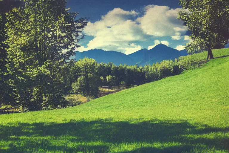 Image similar to film color photography, green lawn, small mirror reflected clouds, no focus, mountains in distance, 35mm