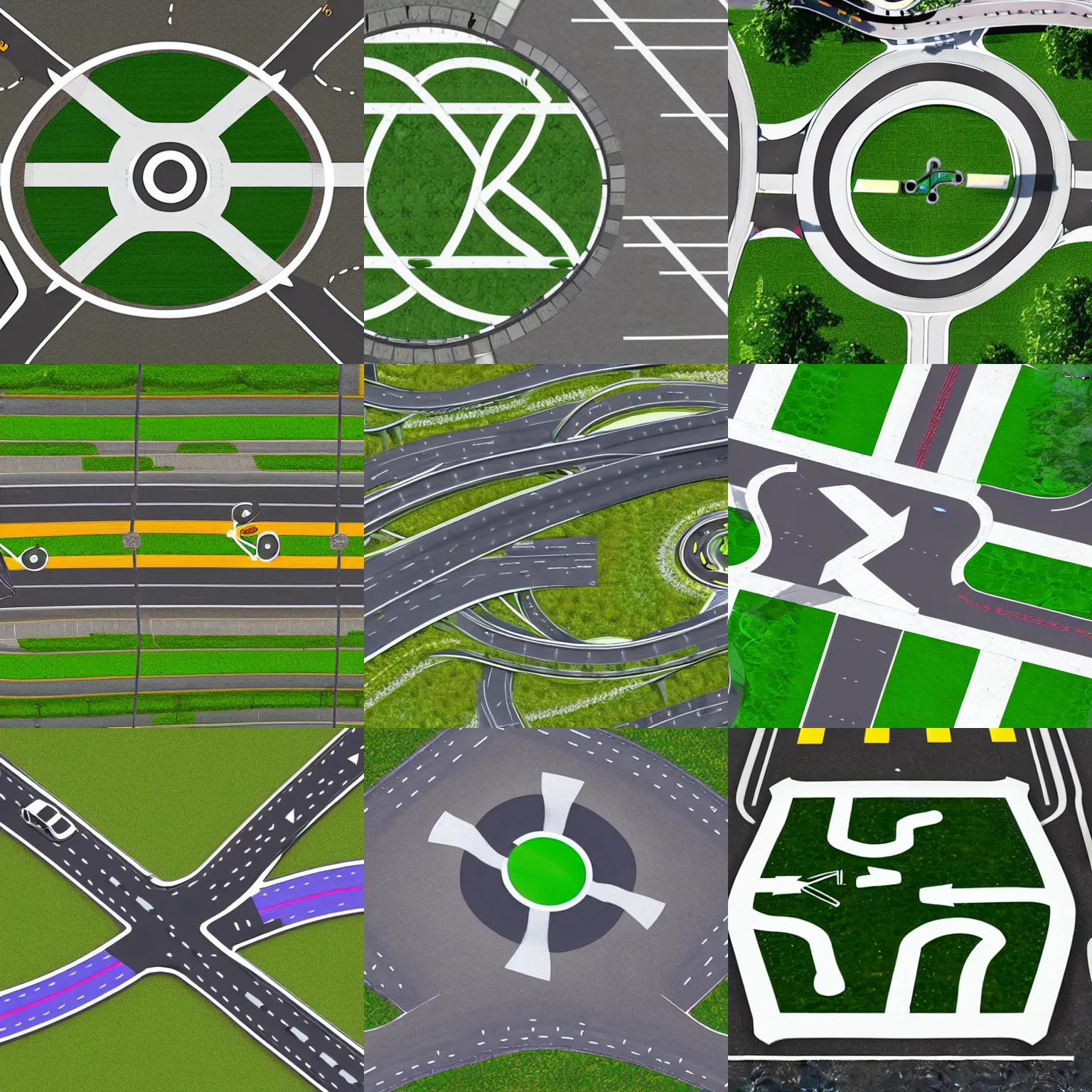 Prompt: bicycle - friendly cloverleaf interchange layout with highway pedestrian crossings