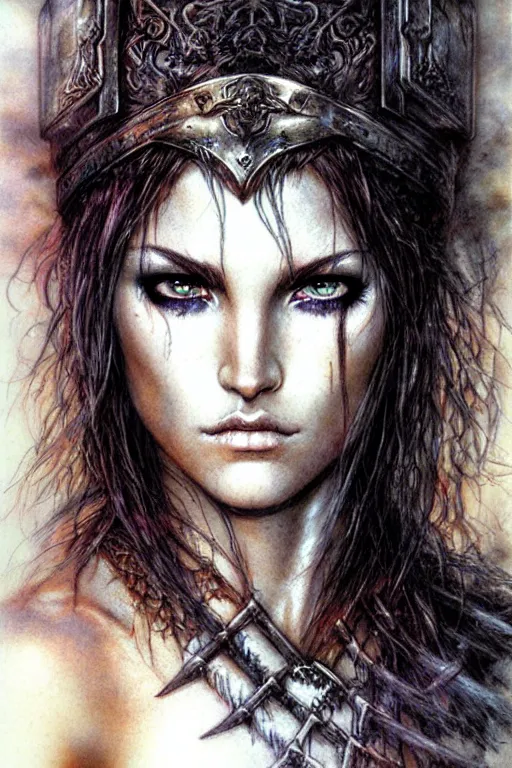 Prompt: head and shoulders portrait of a barbarian, female, high fantasy, dnd, face details, by luis royo
