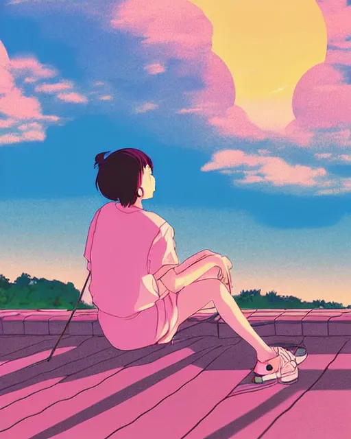 Image similar to detailed aesthetic vaporwave illustration of a girl sitting on the rooftop anime digital art award winning scenery cinematic scene sunset in japan by studio ghibli