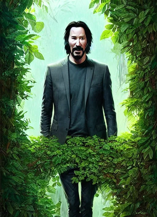 Image similar to highly detailed comedy caper movie poster with silly wacky zany keanu reeves hiding in leaves, keanu reeves face inside a leafy bush by greg rutkowski, masterpiece, really funny, 1 0 / 1 0 comedy