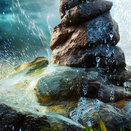 Image similar to a closeup photorealistic photograph of a rock tower with water drops, fantastic four theme.. bright scene. fine detail. this 4 k hd image is trending on artstation, featured on behance, well - rendered, extra crisp, features intricate detail, epic composition and the style of unreal engine.