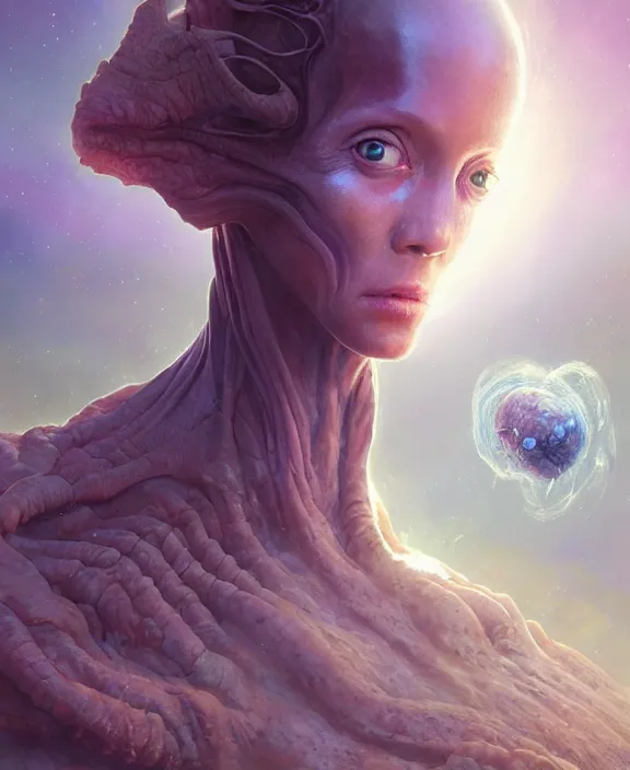 Image similar to portrait of an alien fungus creature, adorable, childlike, milky way environment, ultra realistic, concept art, psychedelic, photorealistic, octane render, 8 k, unreal engine. art by christopher marley and artgerm and greg rutkowski and alphonse mucha