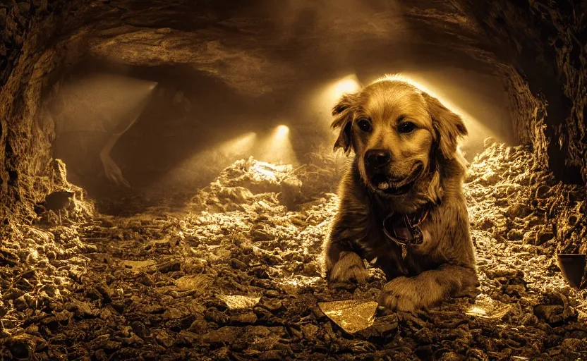 Image similar to a dirty golden retriever in a dark mine wearing a wild west hat and jacket, large piles of gold nuggets, moody lighting, light coming from tunnel entrance, stylized photo