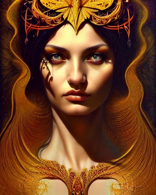 Prompt: portrait of a beautiful goddess, unusual beauty, esoteric, outher worldly colours, head in focus, fantasy art, ornamental, intricate, elegant, highly detailed hyperrealistic painting, artstation, concept art, painterly, golden ratio, sharp focus, illustration, art by karol bak