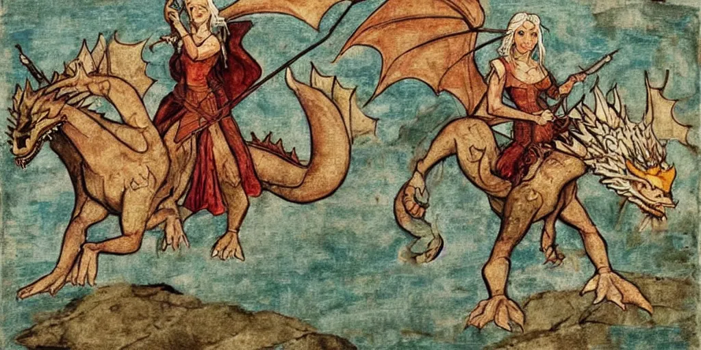 Image similar to Daenerys Targaryen riding on a dragon, medieval painting, epic