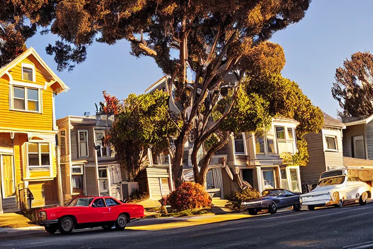 Prompt: typical San Francisco houses, award winning photograph, high exposure, golden hour, 15-30mm, panorama, autumn, car lights, photorealistic, 70s cars, 70s filter, shadows