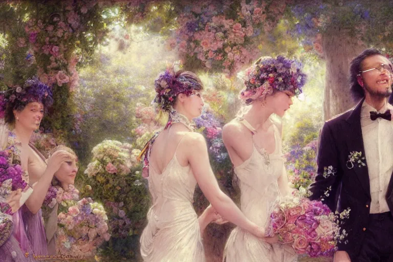 Image similar to the groom look at the bride at a wedding full of flowers, bright and happy, dreamlike art, highly detail, 4 k realistic, wedding photoy krenz cushart, artem demura, yoji shinkawa artgerm, jon lothian, danilo torres. adi meyers. thomas reimann. gaston bussiere.