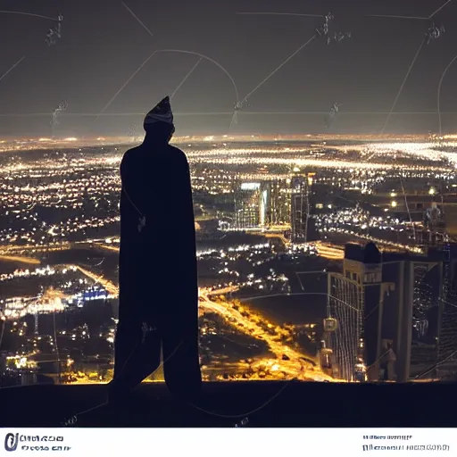 Image similar to arab man overlooking Riyadh city at night silhouette dramatic, dark, superhero