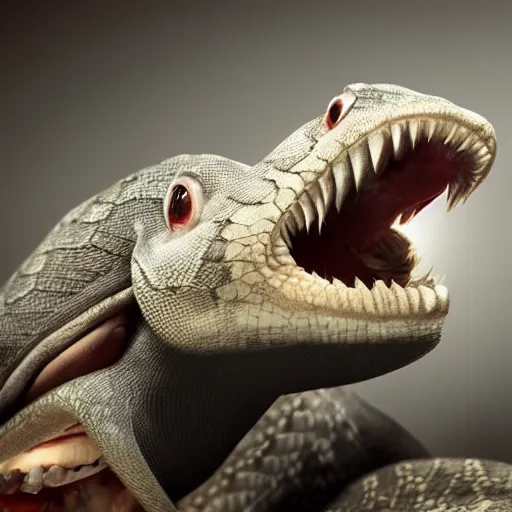 Image similar to “an upclose image of snake fangs biting into rabbit fur, unreal engine, hyper realism, 4K concept art”