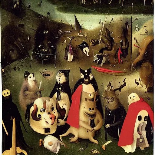 Prompt: Furry Convention gone wild in the style of Hieronymus Bosch