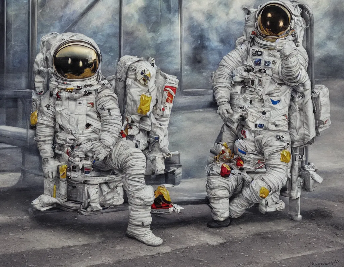 Prompt: hyper realistic oil painting of astronaut waiting for the bus at the bus stop, hd, hdr, by stanisław wyspianski, ultra detailed, high resolution