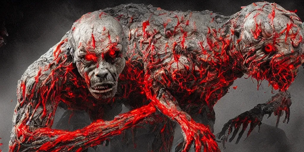 Image similar to four legged muscular creature emerges from pile of fleshy zombies, creature has red glowing eyes, photorealistic, by john carpenter, the thing, bloody, vile