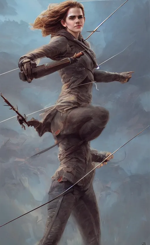 Image similar to portait of a buff emma watson archer shooting arrow, front game card, drark, marvel comics, dark, intricate, highly detailed, smooth, artstation, digital illustration by ruan jia and mandy jurgens and artgerm and wayne barlowe and greg rutkowski and zdislav beksinski