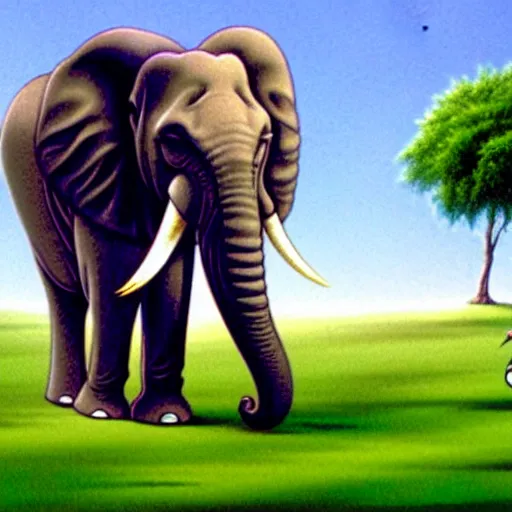 Prompt: an elephant on a green meadow drawn by Don Bluth