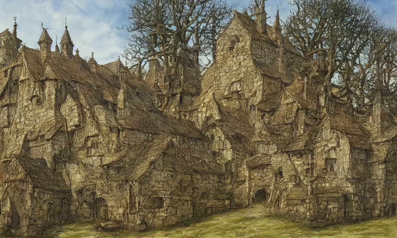 Prompt: medieval small town with some farms and trees, high detailed color sketch by John Howe and Alan Lee, award-winning masterpiece