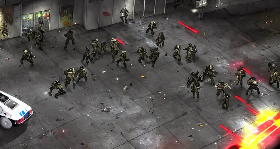 Prompt: 2011 Video Game Screenshot of Neo-tokyo Cyborg bank robbers vs police, Set inside of Parking Garage, Dark, Multiplayer set-piece Ambush, Tactical Squads :10, Police officers under heavy fire, Suppressive fire, Pinned down, Destructible Environments, Gunshots, Headshot, Bullet Holes and Anime Blood Splatter, :10 Gas Grenades, Riot Shields, MP5, AK45, MP7, P90, Chaos, Anime Machine Gun Fire, Gunplay, Shootout, :14 FLCL + Akira Cel-Shaded:17, Created by Katsuhiro Otomo + Arc System Works + miHoYo: 20