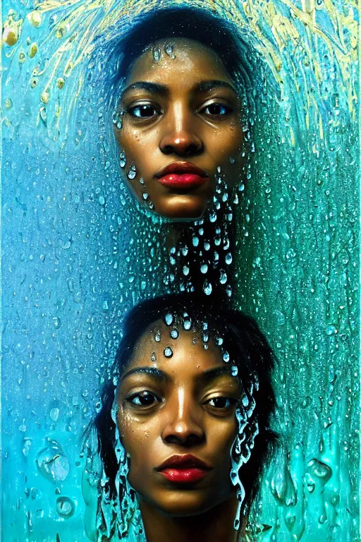 Image similar to hyperrealistic precisionist cinematic profile very expressive! oshun goddess, in water! john everett millais, mirror dripping droplet!, gold flowers, highly detailed face, digital art masterpiece, smooth eric zener cam de leon, dramatic pearlescent turquoise light on one side, low angle uhd 8 k, shallow depth of field