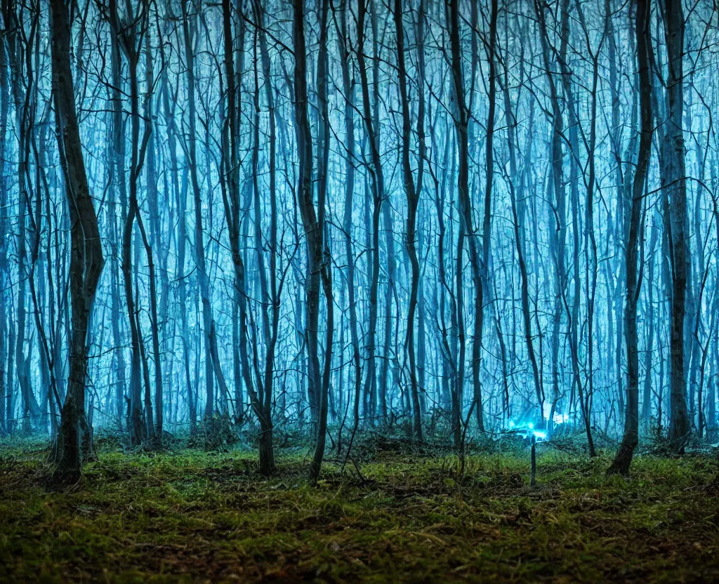 Prompt: blue forest, glowing mushrooms, sigma lens, strong bokeh, photography, highly detailed, 8 5 mm, f / 1. 3, fog, dusk, fantasy