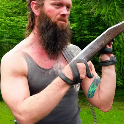 Prompt: viking wielding to hand axes with raven on his shoulder celtic tattoo