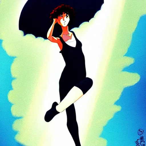 Image similar to flashdance movie, artstation, cartoon, elegant, highly detailed, digital painting, concept art, smooth, sharp focus, illustration, art by studio ghibli